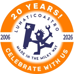 Lunaticoastro 20周年庆典官方logo（2006-2026），“Made in the Milky Way”，庆祝二十年天文气象与自动化创新历程。