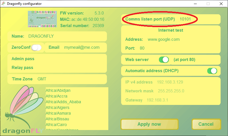 Dragonfly v.2.0 configuration options screen