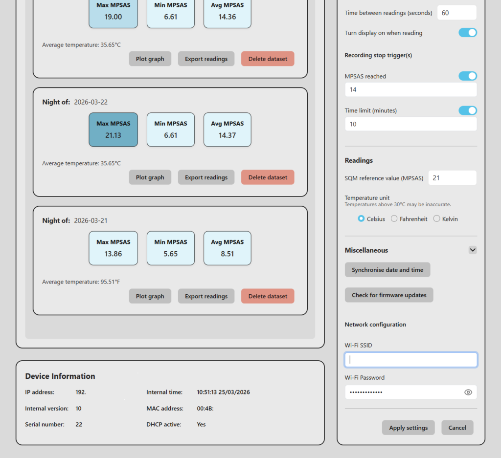 Lanternfish灯笼鱼天光亮度测量仪Web界面控制面板及历史数据